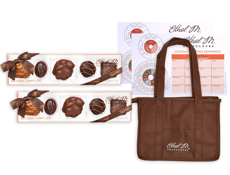 Ethel M Chocolates Classic Private Online Tasting Kit. Image shows two 5-piece Classic Samplers, Tasting Mats, and Insulated Tote Bag.