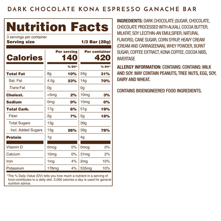 Kona Espresso Ganache Dark Chocolate Tablet Bar Nutrition Facts