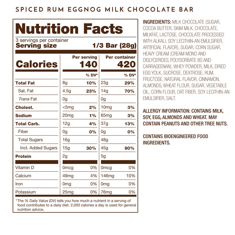 Ethel M Chocolates Spiced Rum Eggnog Milk Chocolate Tablet Bar Nutrition Facts