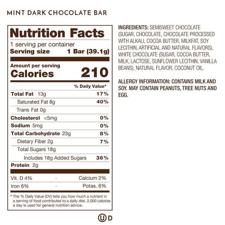 Ethel M Chocolate Mint Dark Chocolate Nutritional Label
