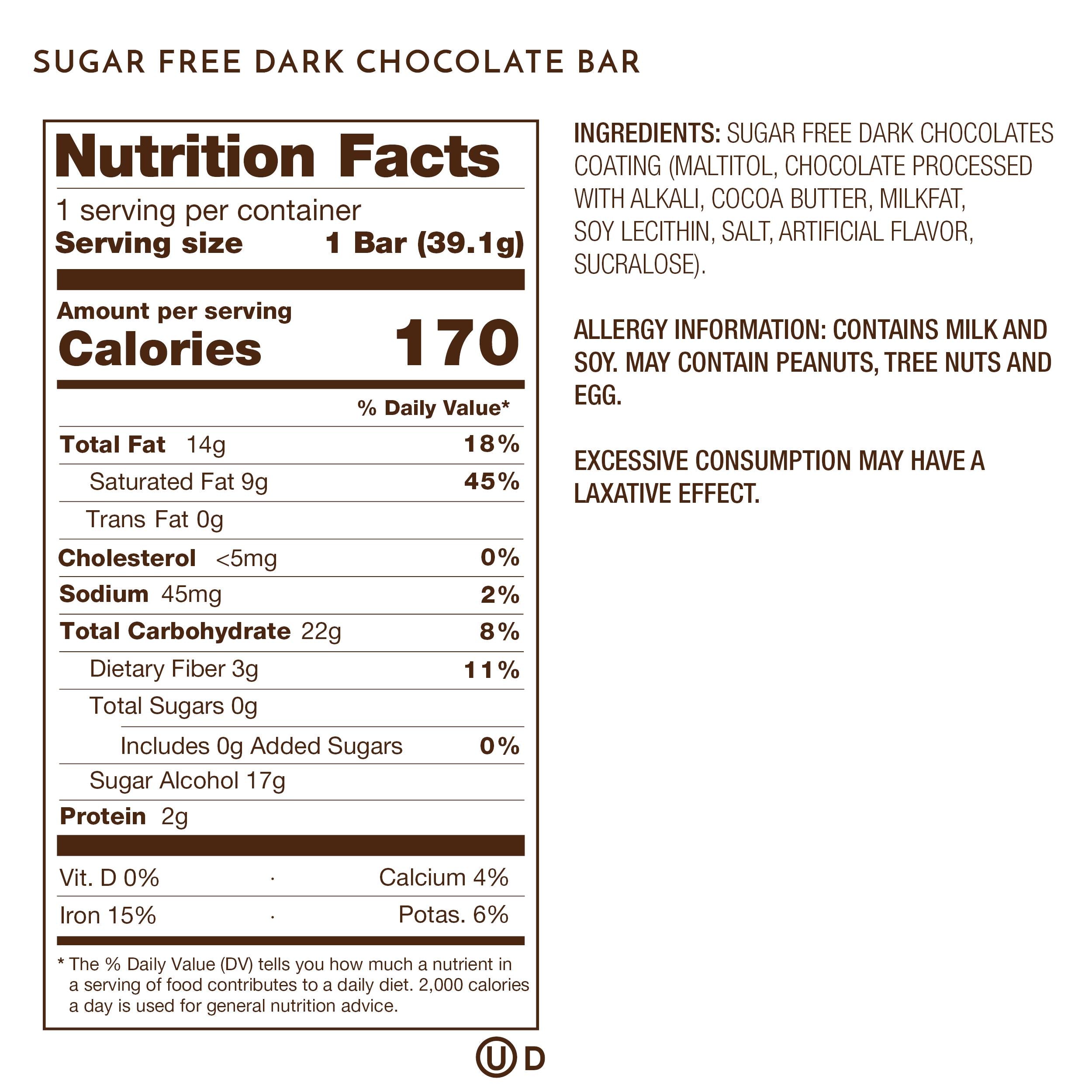 Ethel M Chocolate Sugar Free Dark Bar Nutrition Facts