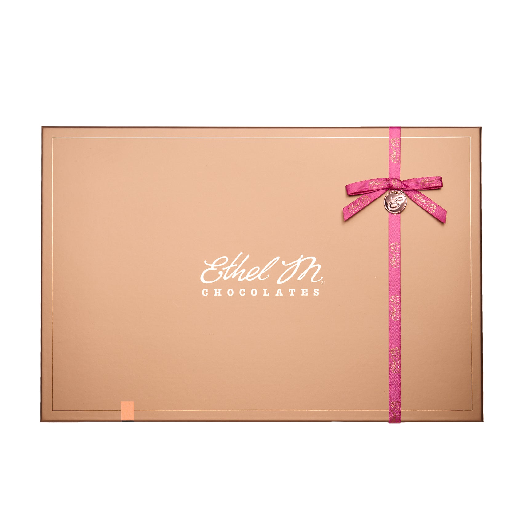 Ethel M Chocolates Custom Chocolate Box - 40-piece Copper Box with Pink Summer Ribbon Hero Image
