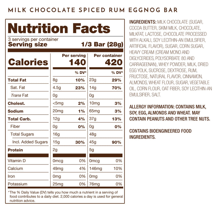Ethel M Chocolates Holiday Milk Chocolate Spiced Rum Eggnog Bar Nutrition Facts - Please call 1-800-438-4356 for more information.