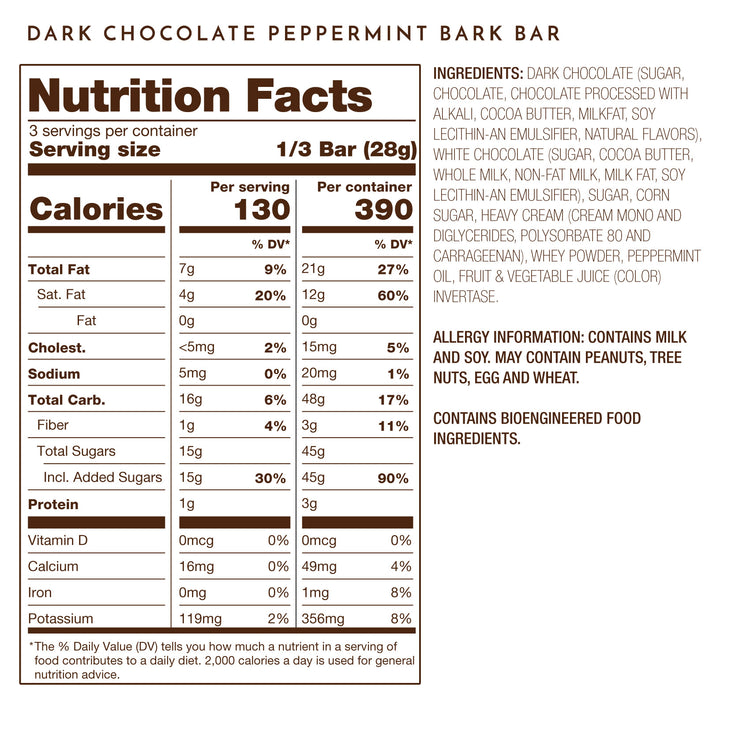 Ethel M Chocolates Holiday Dark Chocolate Peppermint Bark Bar Nutrition Facts - Please call 1-800-438-4356 for more information.