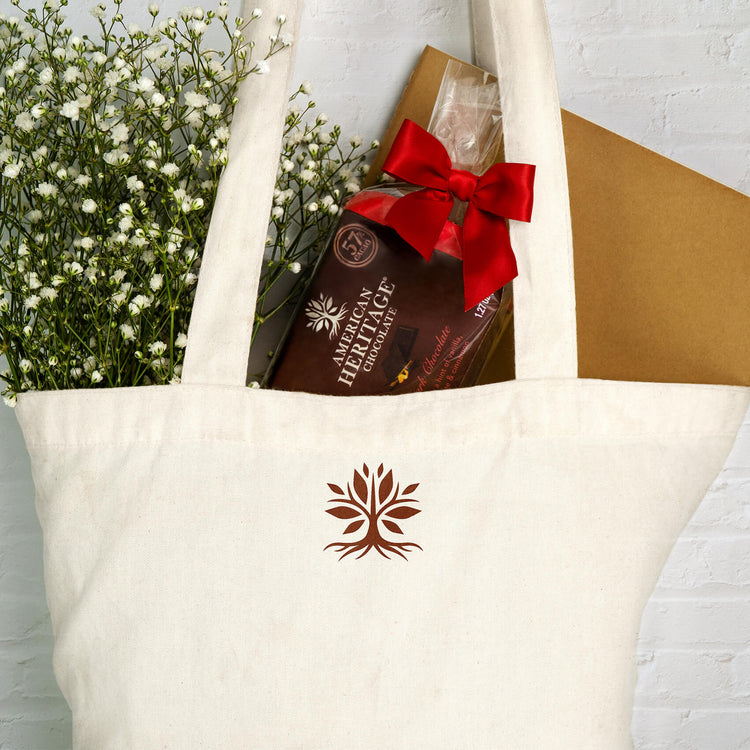 AMERICAN HERITAGE Chocolate Tablet Bars - Lifestyle image of 4 pack of bars in a tote bag