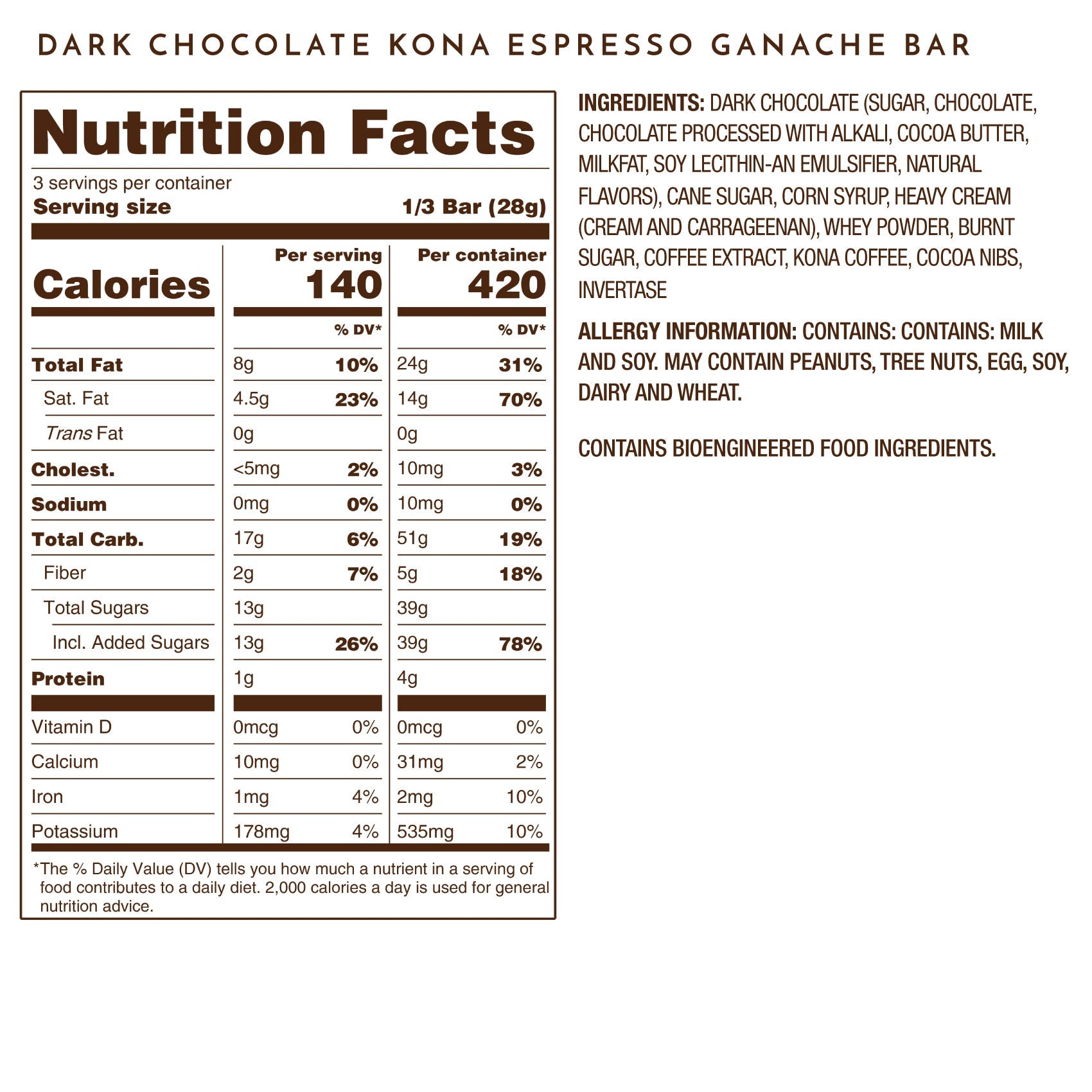 Kona Espresso Ganache Dark Chocolate Tablet Bar Nutrition Facts