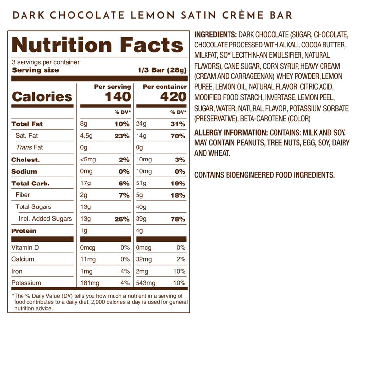 Lemon Satin Creme Dark Chocolate Bar Nutrition Facts