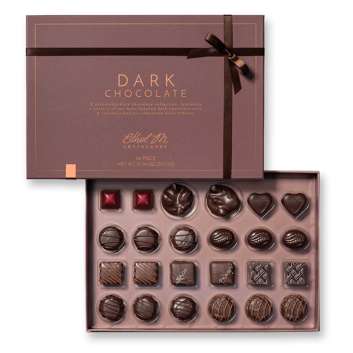 Delight on this 24 Piece Ethel M Chocolates Ultimate Assortment of the Finest Dark Chocolate coverings and Gourmet Fillings.