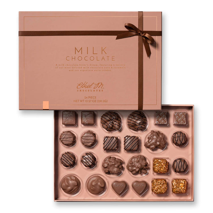 Delight on this 24 Piece Ethel M Chocolates Ultimate Assortment of the Finest Milk Chocolate coverings and Gourmet Fillings.