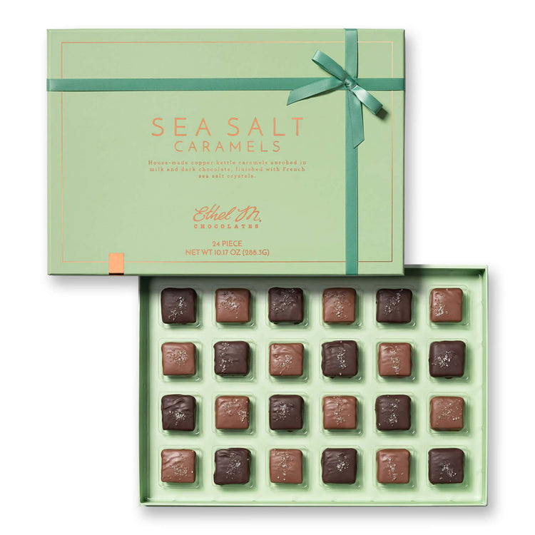 Enjoy our 24 Pc Box of Ethel M Chocolates House-made Copper-kettle caramels enrobed in Milk and Dark Chocolates and finished with French Sea salt.