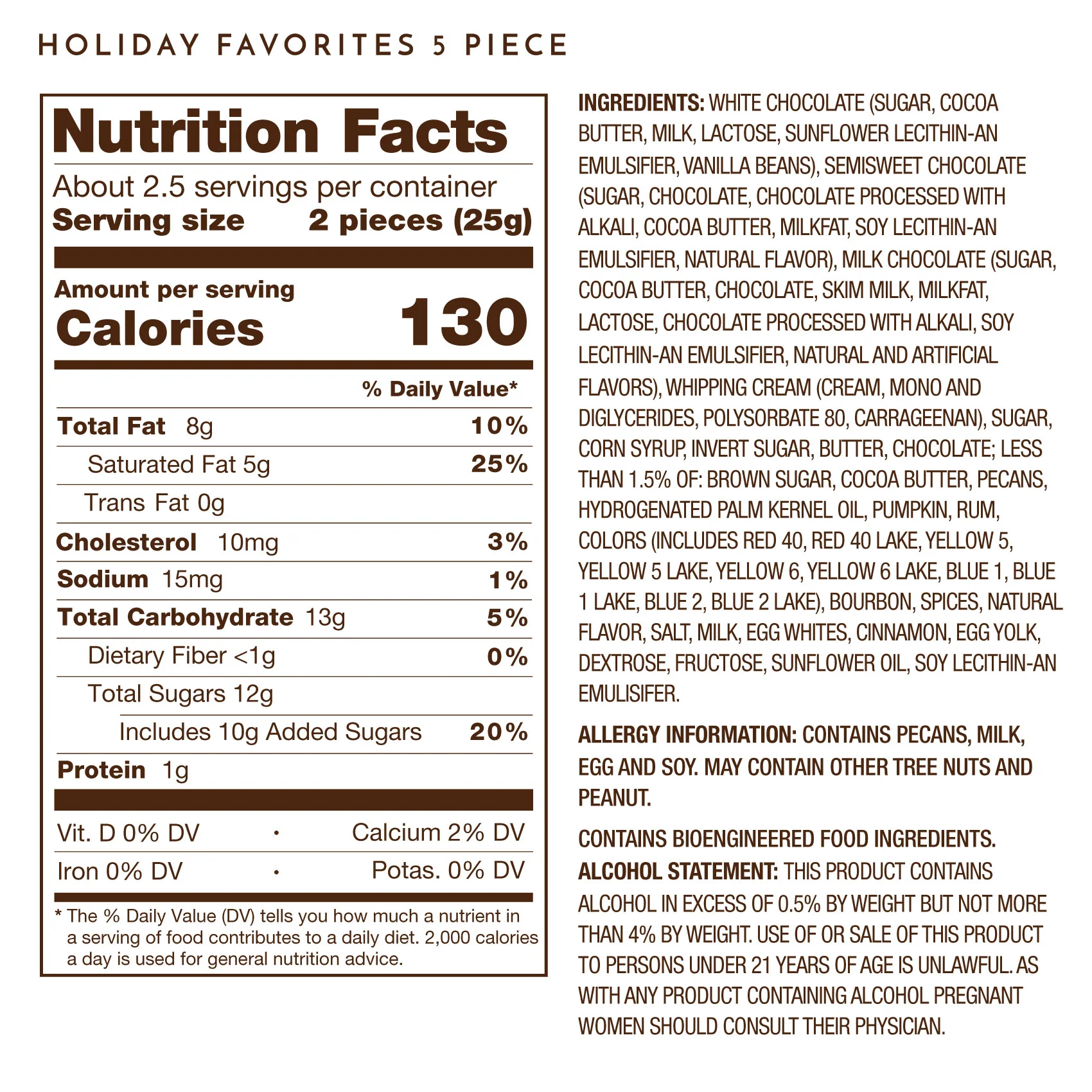 Ethel M Chocolates Holiday Favorites, 5-Piece Premium Chocolate Collection Nutrition Facts