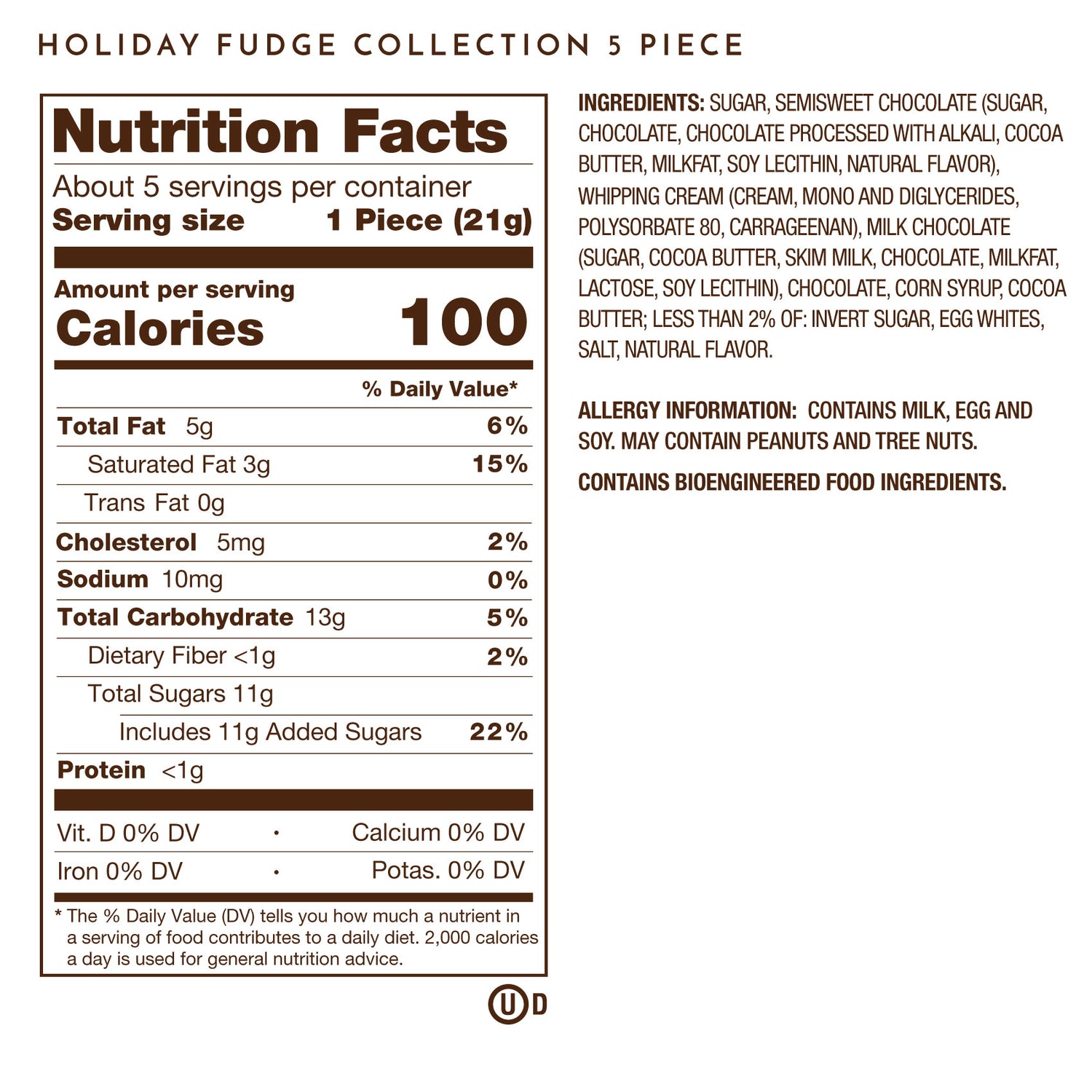 Holiday Chocolate Fudge, 5 Piece Premium Chocolate Collection Nutrition Facts