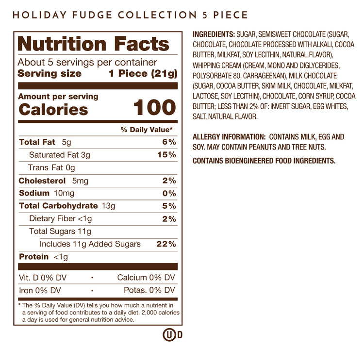 Holiday Chocolate Fudge, 5 Piece Premium Chocolate Collection Nutrition Facts