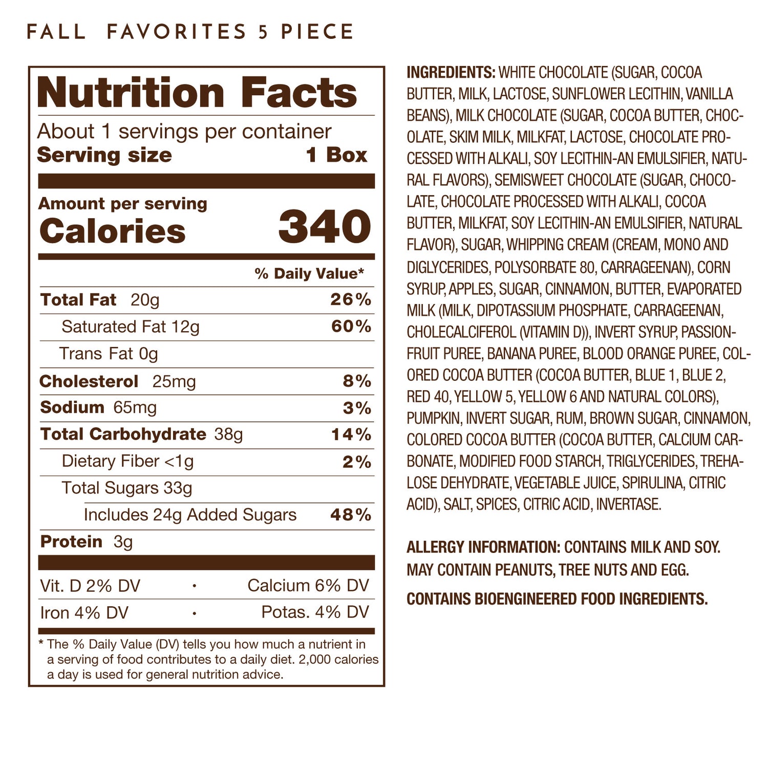 Ethel M Chocolates Fall Favorites 5-Piece Premium Sampler, Nutrition Facts