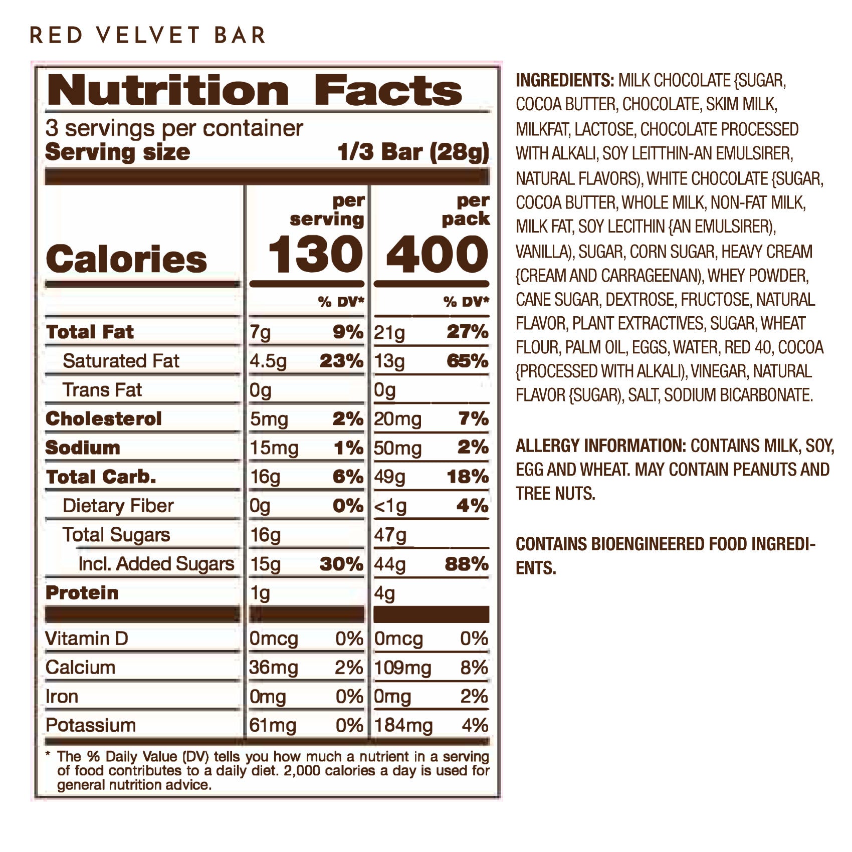 Red Velvet Milk Chocolate Gourmet Tablet Bar Nutrition Facts