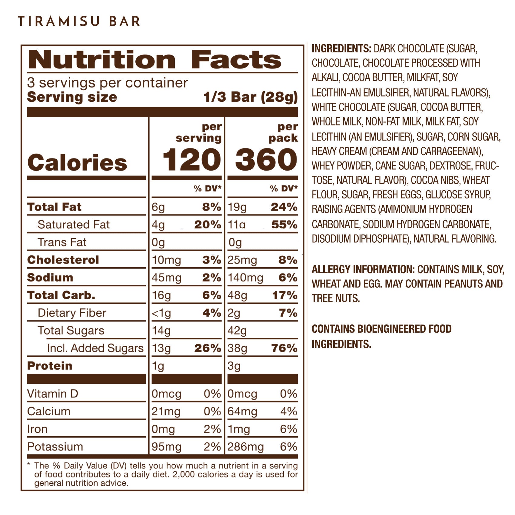 Tiramisu Dark Chocolate Gourmet Tablet Bar Nutrition Facts