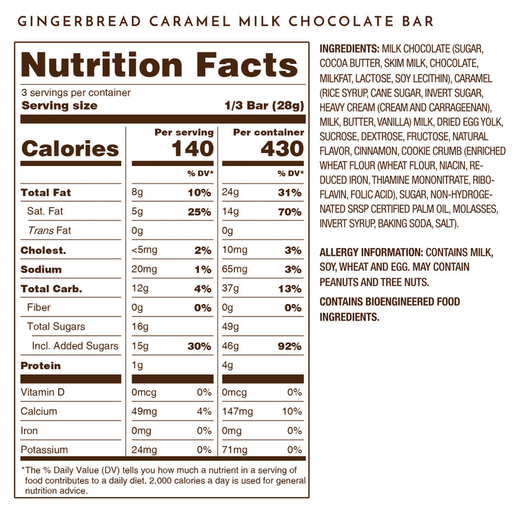 Ethel M Chocolates Gingerbread Cookie Butter Caramel Milk Chocolate Tablet Bar Nutrition Facts