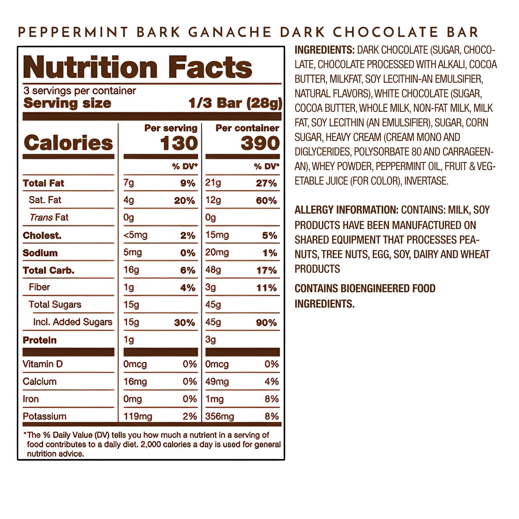 Ethel M Chocolates Peppermint Bark Ganache Dark Chocolate Tablet Bar Nutrition Facts