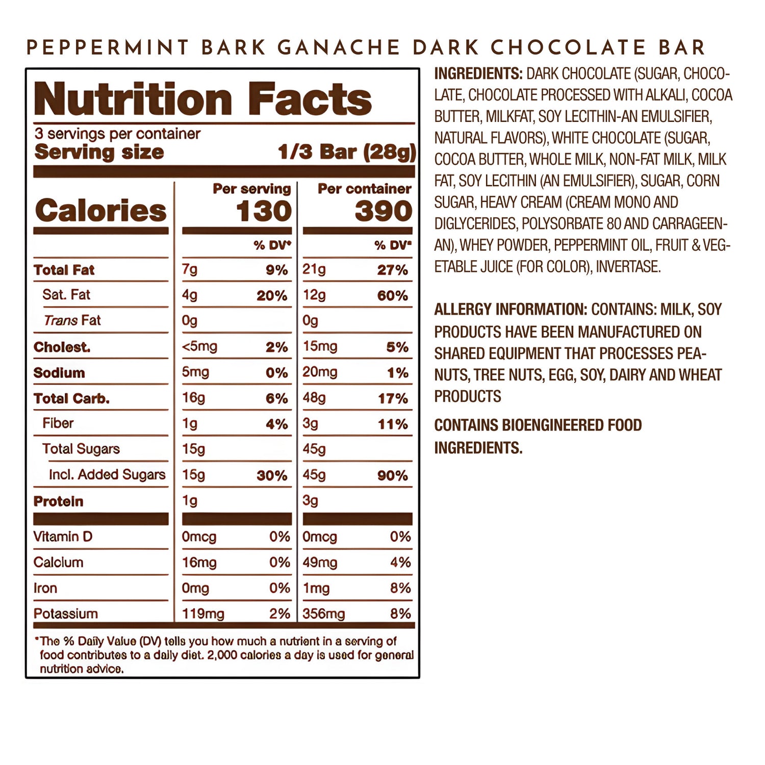Ethel M Chocolates Peppermint Bark Ganache Dark Chocolate Tablet Bar Nutrition Facts