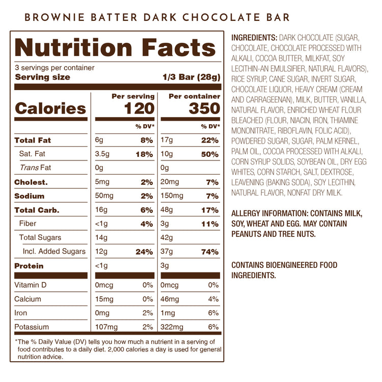 Ethel M Chocolates Brownie Batter Ganache Dark Chocolate Tablet Bar Nutrition Facts