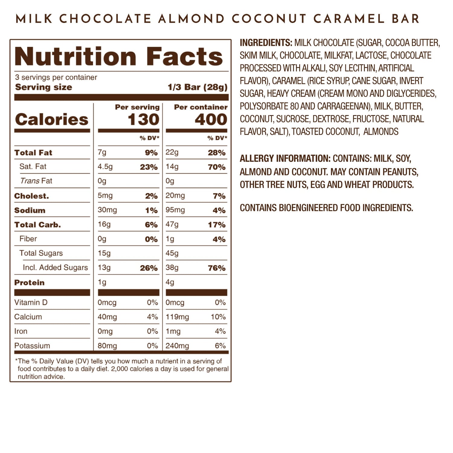 Almond Coconut Caramel Milk Chocolate Tablet Bar Nutrition Facts