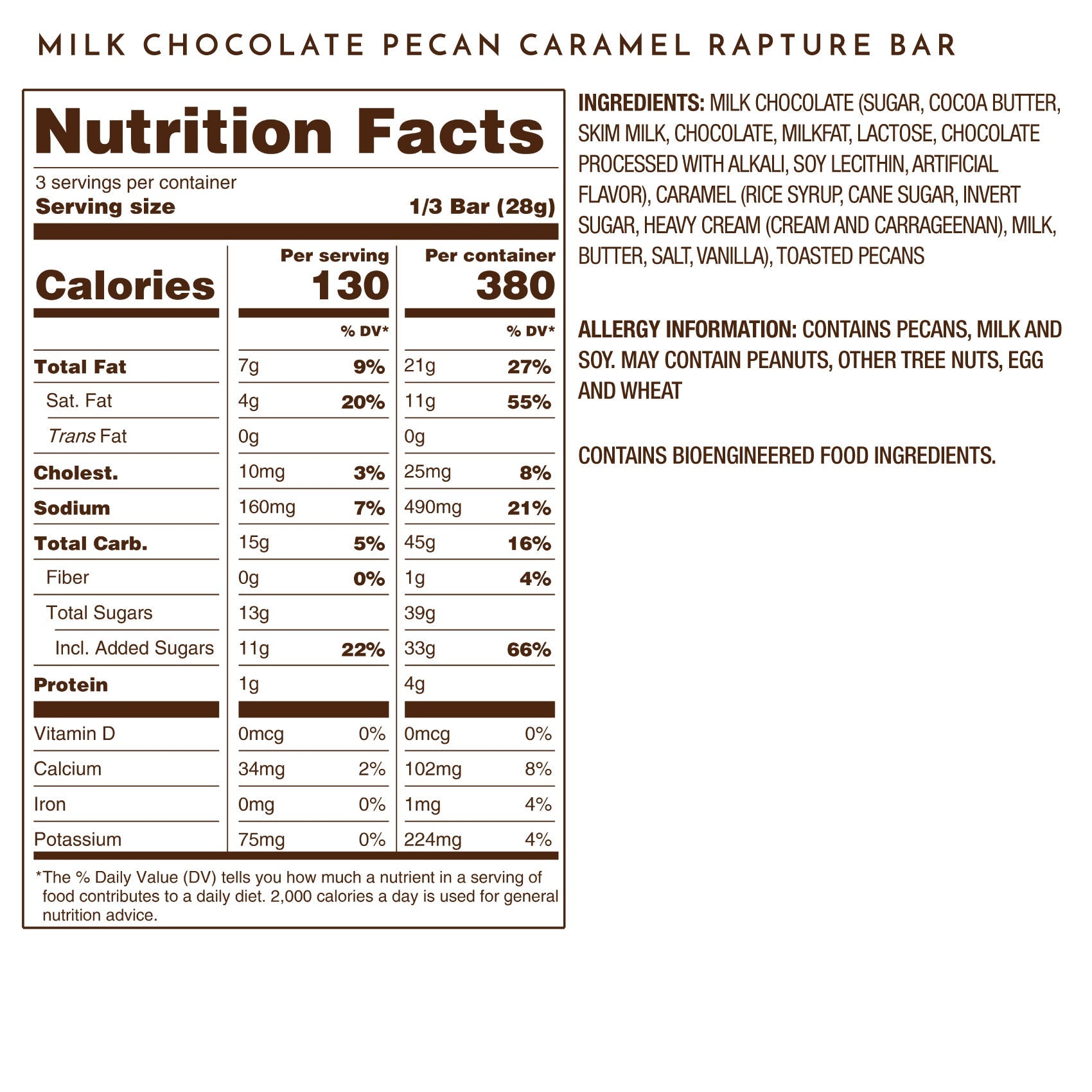 Pecan Caramel Rapture Milk Chocolate Tablet Bar Nutrition Facts