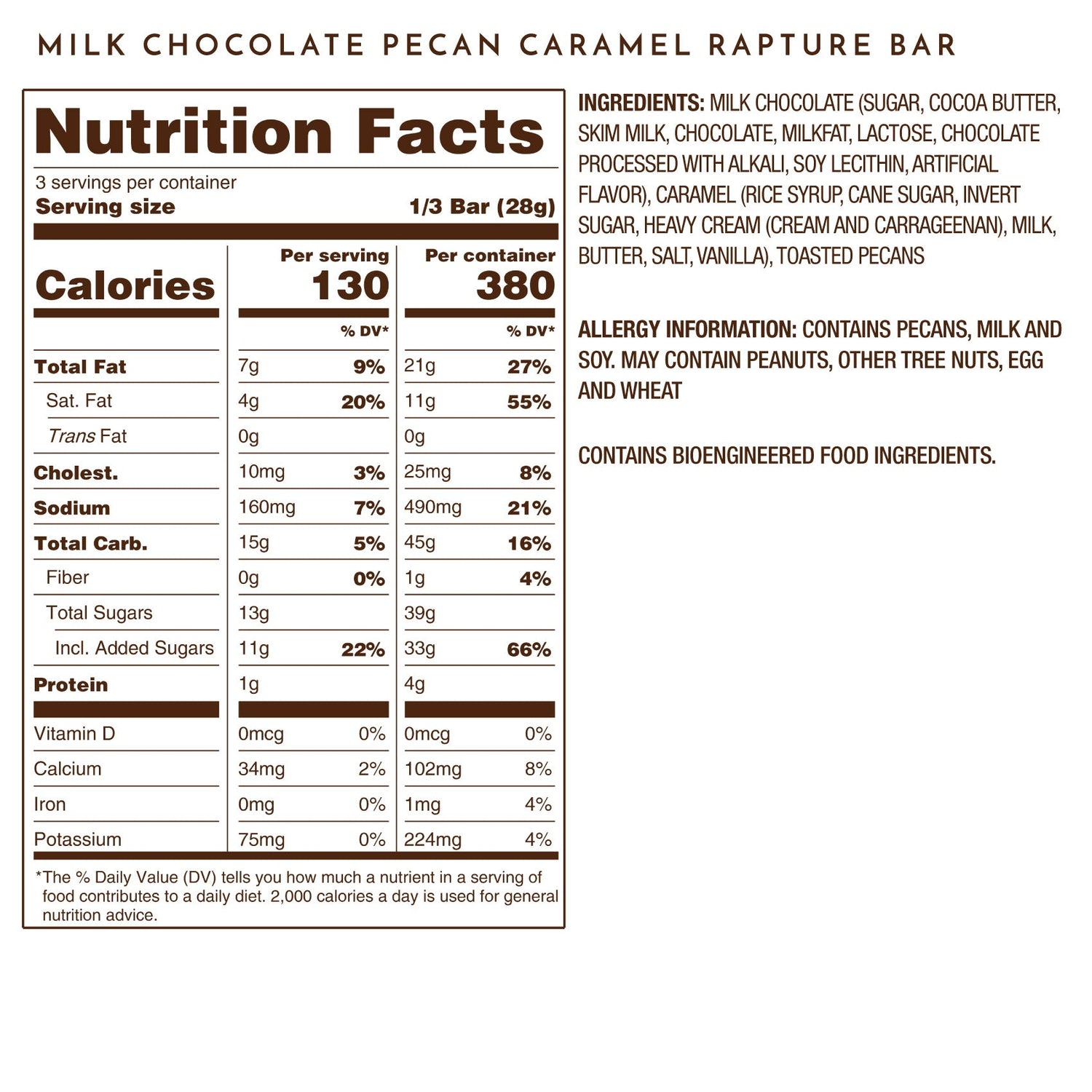 Pecan Caramel Rapture Milk Chocolate Tablet Bar Nutrition Facts