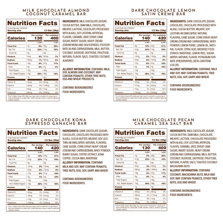 Ethel M Artisanal Chocolate Bars Mixed Set - Nutrition Facts. Please Call 1-800-438-4356 for more information.