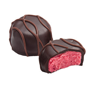 Dark Chocolate Raspberry Satin Crème Piece Cross-Section Showing the piece cut in half and the soft center.