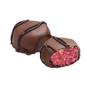 Milk Chocolate Raspberry Satin Crème Piece Cross-Section Showing the piece cut in half and the soft center.