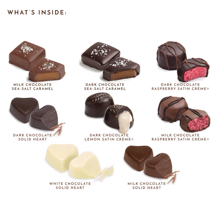Ethel M Valentine's Day Small Heart 14-piece Chocolate Gift Box - What's Inside - Please call 1-800-438-4356 for more information