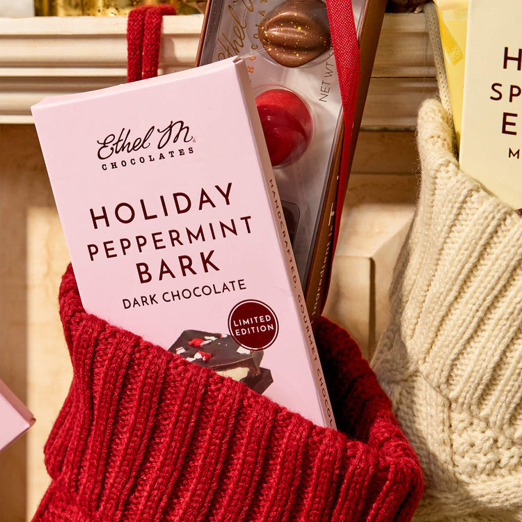 Ethel M Chocolates Holiday Dark Chocolate Peppermint Bark Bar Lifestyle Image - Shows the bar in a red stocking hanging off the mantle with a 5-piece Holiday Favorites Collection also in the stocking