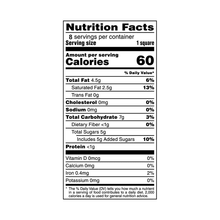 AMERICAN HERITAGE Chocolate Tasting Squares 8 pack Nutrition Label - For nutritional information please call customer service at 1-800-438-4356.