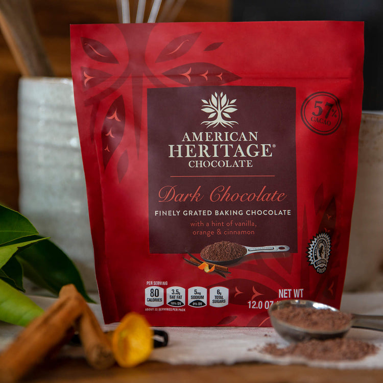 American Heritage Chocolate Finely Grated Baking Chocolate - Lifestyle Image of the packaging