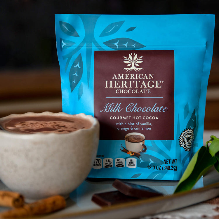 American Heritage Chocolate Gourmet Hot Cocoa - Lifestyle Image of Packaging