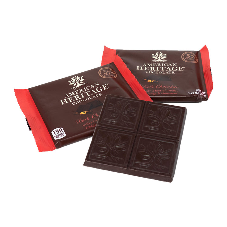 AMERICAN HERITAGE Chocolate Tablet Bars - Lifestyle Image of three bars. Two are in the wrapper and one is opened.