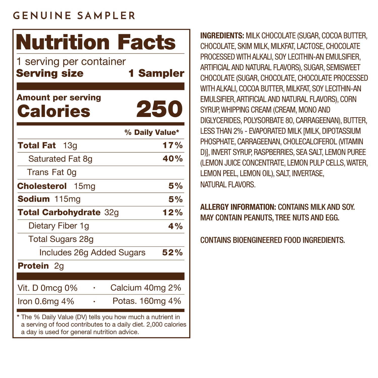 Ethel M Genuine Sampler 4pc Collection - Nutrition Facts. Please Call 1-800-438-4356 for more information.