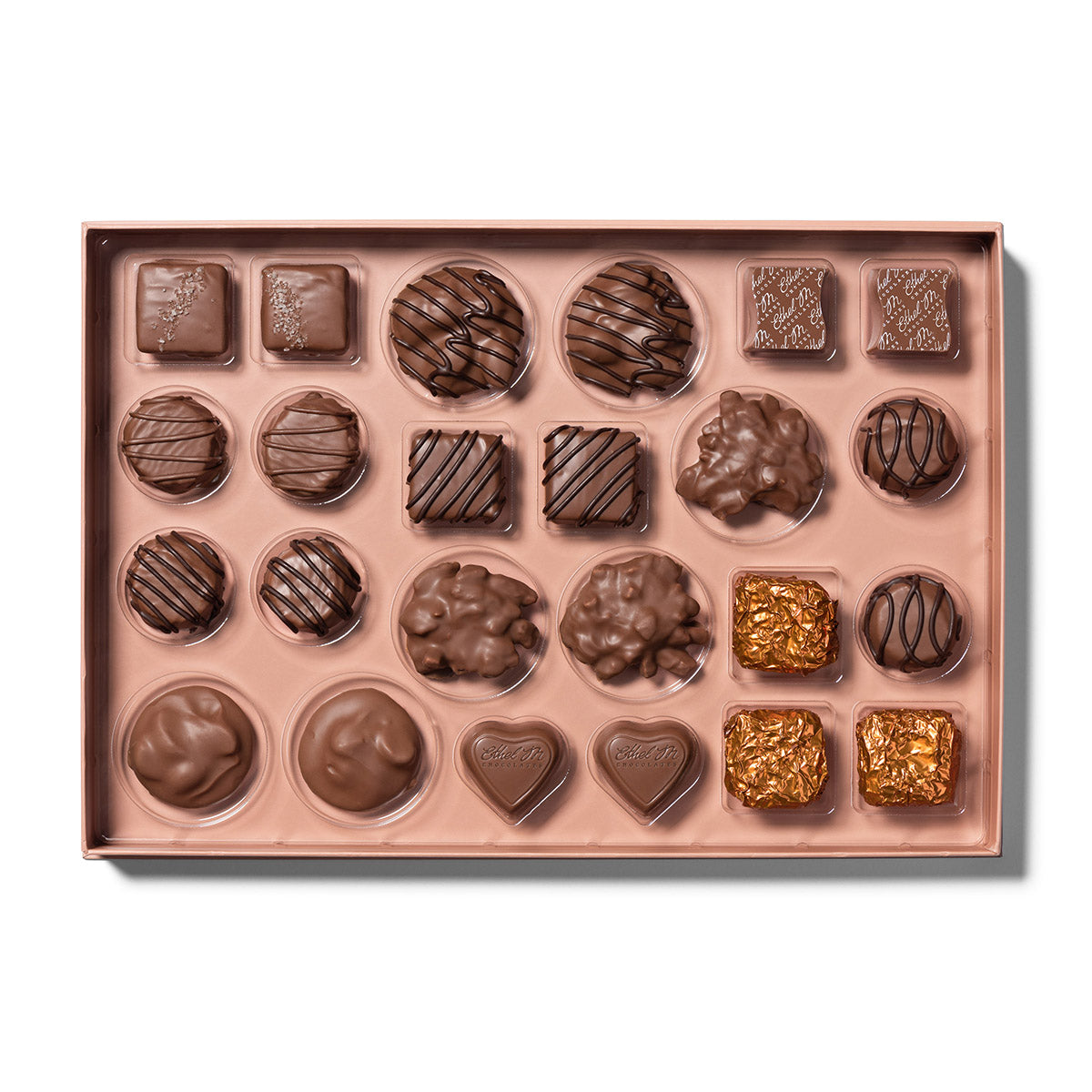 Delight on this 24 Piece Ethel M Chocolates Ultimate Assortment of the Finest Milk Chocolate coverings and Gourmet Fillings.