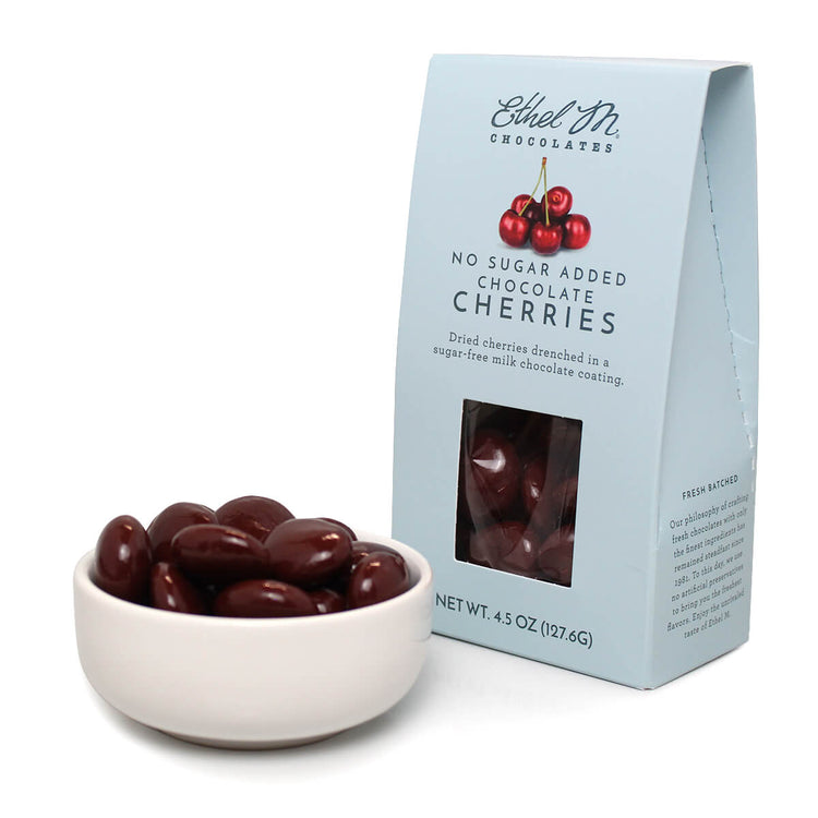 Enjoy Ethel M Chocolate dried cherries covered in sugar free chocolate
