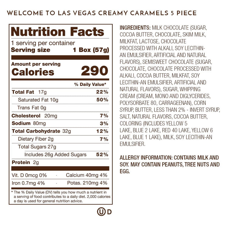 Ethel M Chocolates Taste of Las Vegas Creamy Caramels 5-Piece Nutrition Facts