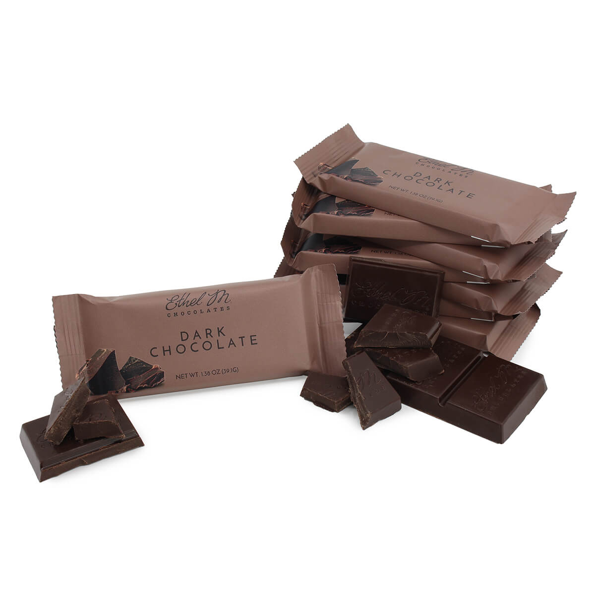 Delight on our Rich, Bittersweet, Premium Ethel M Dark Chocolate Bar. It can be purchased individually, as a set of 8, or in box of 24.