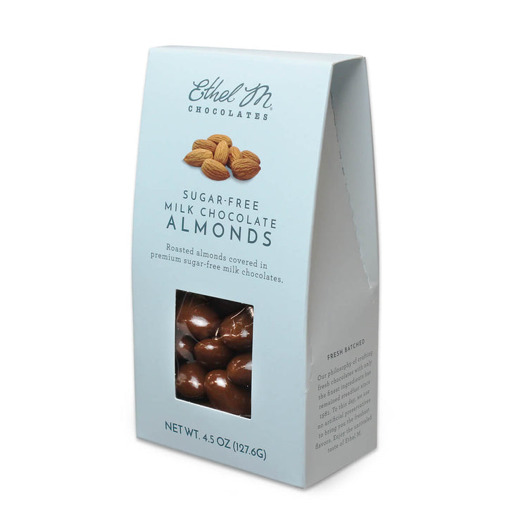 Enjoy and Savor Ethel M Chocolates Roasted Almonds enrobed in Rich Sugar-free Milk Chocolates.