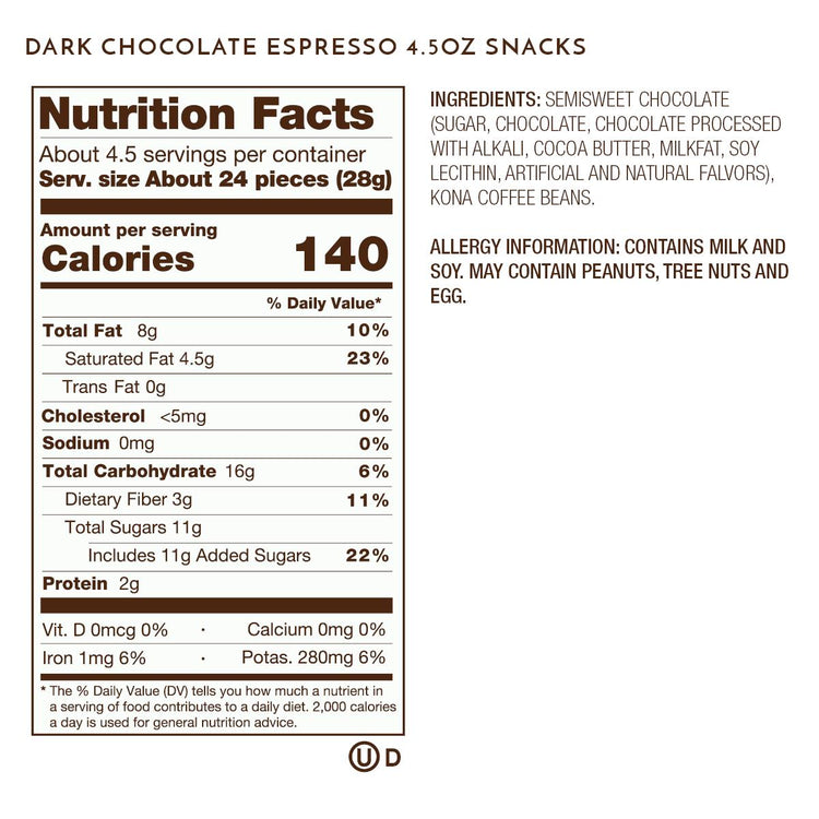 Dark Chocolate Espresso Nutrition and Ingredients label