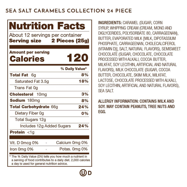 Nutrition Facts, Allergy and Ingredients Label on Sea salt Caramels 24 Piece.