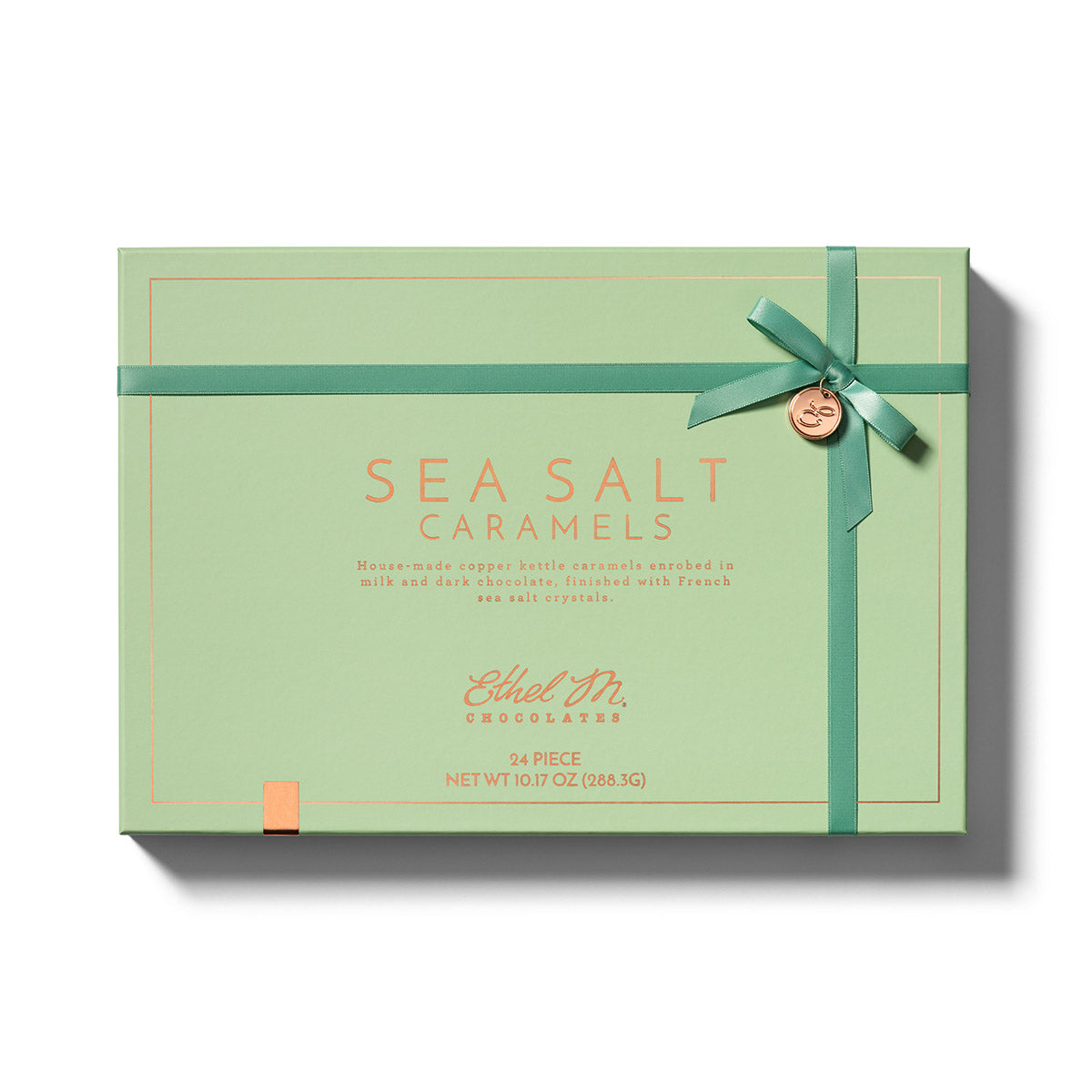 Enjoy our 24 Pc  Box of Ethel M Chocolates  House-made Copper-kettle caramels enrobed in Milk and Dark Chocolates and finished with French Sea salt.