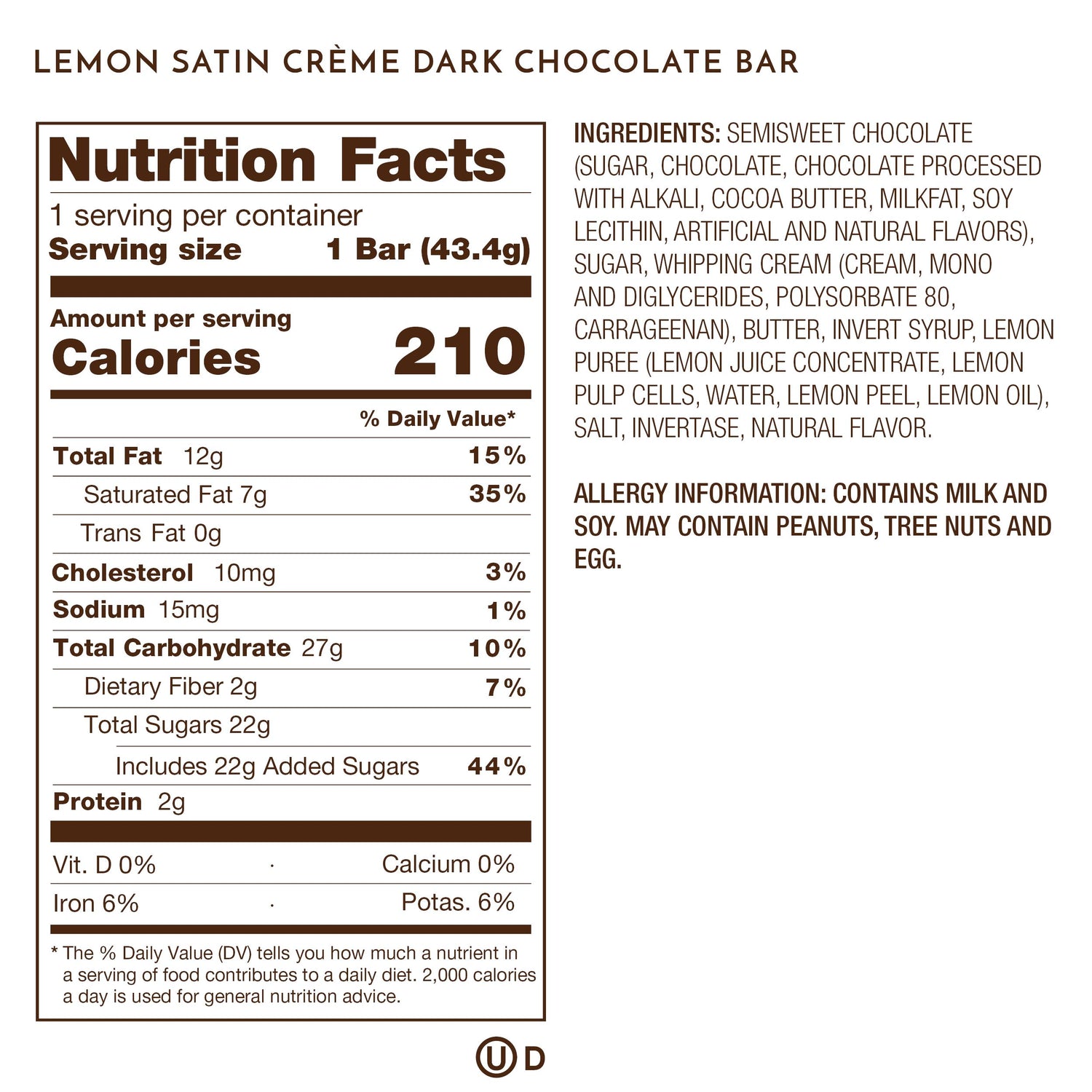 Ethel M Chocolates Lemon Satin Creme Dark Chocolate Nutritional Label