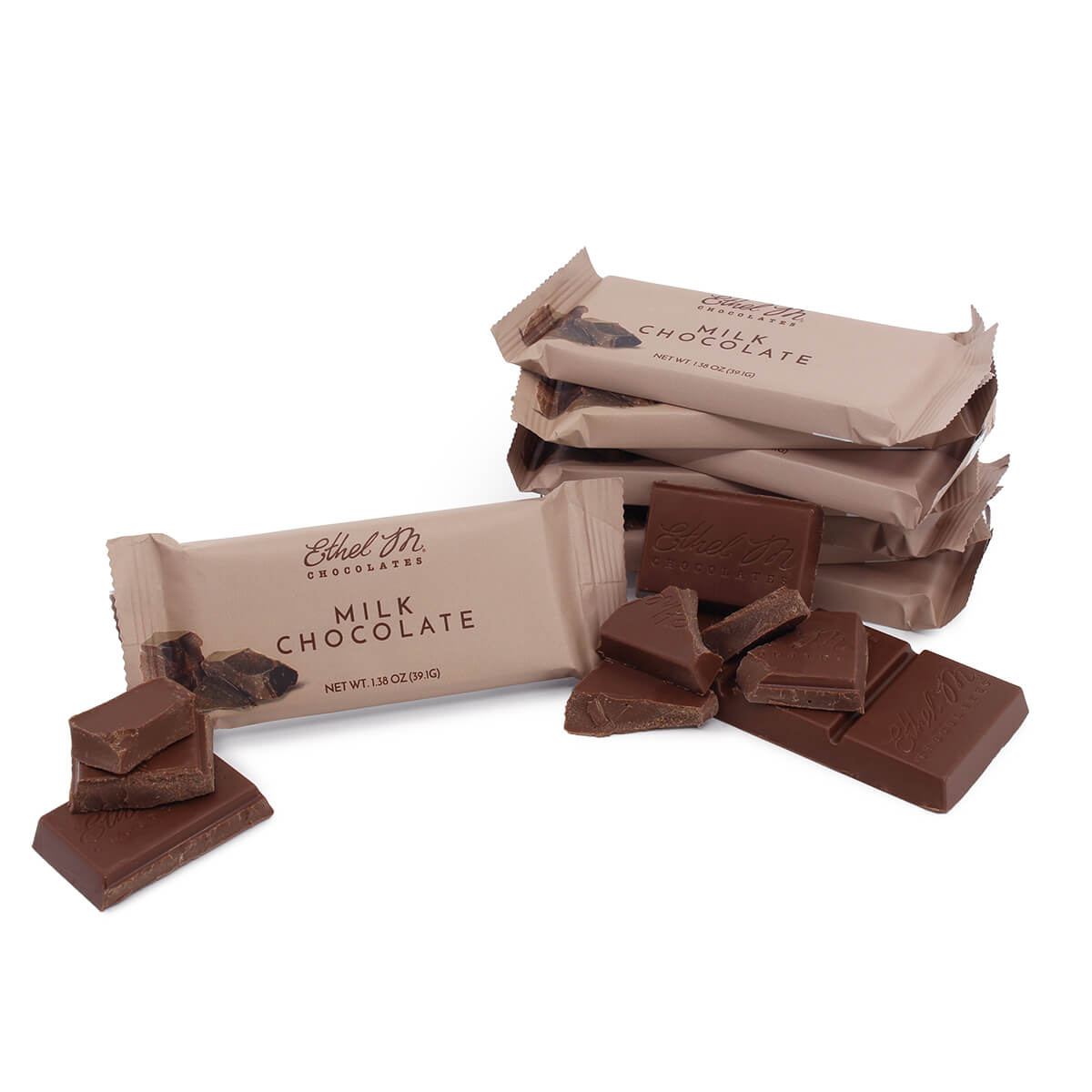 Delight on our Rich, Premium Ethel M Milk Chocolate Bar. It can be purchased individually, in a set of 8, or in box of 24.