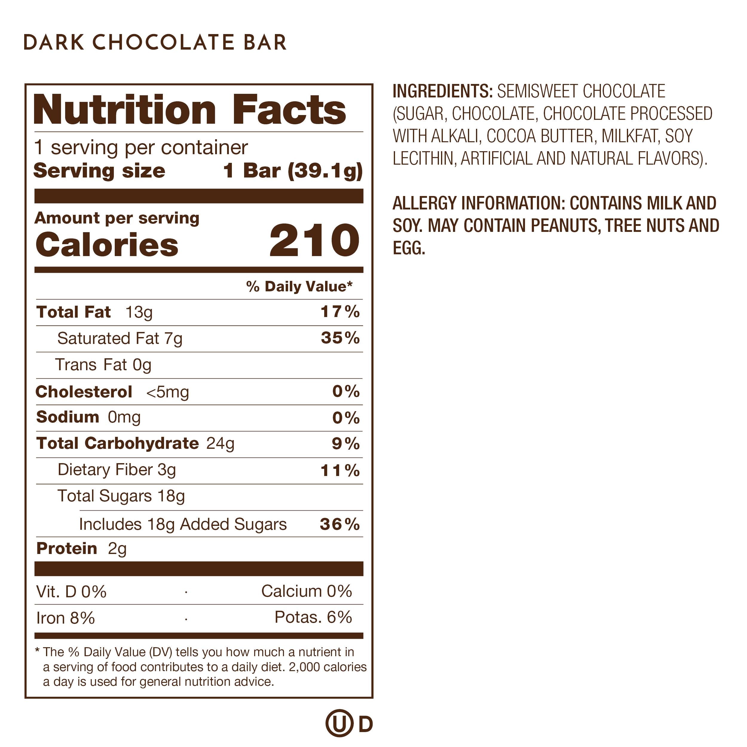 Nutrition Facts, Allergy and Ingredients on Premium Dark Chocolate Bars.