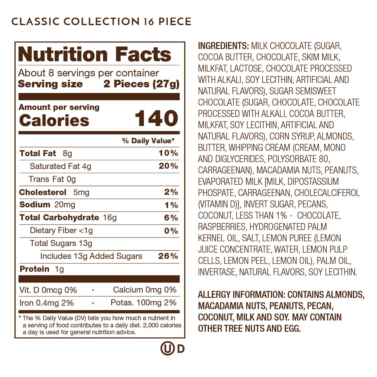 Nutrition Facts, Allergy and Ingredients Label on Classic Collection 16 Piece.