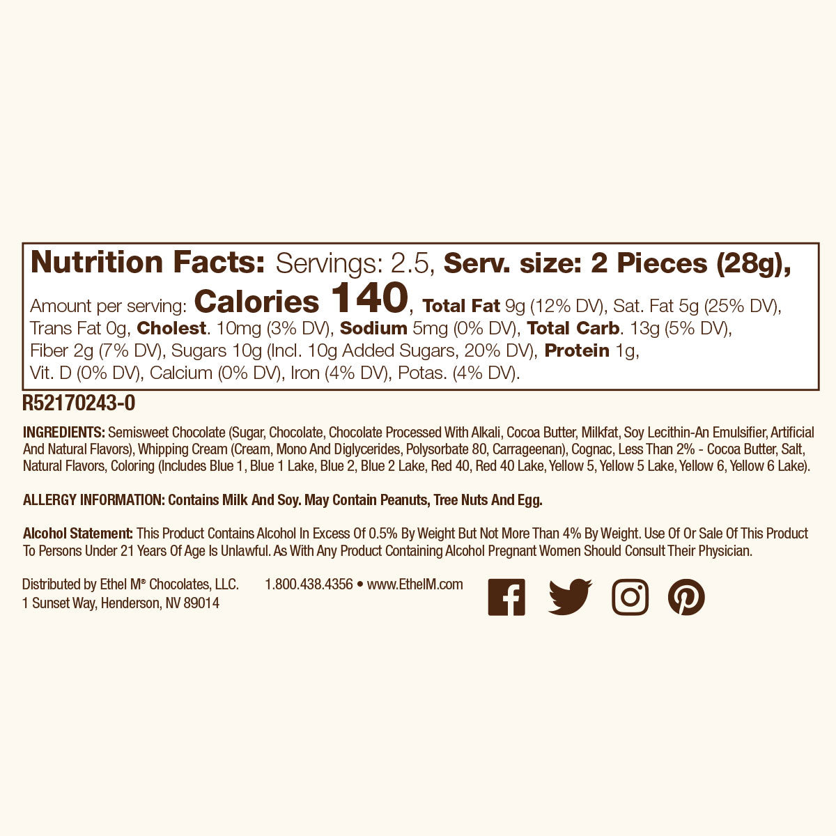 Nutrition Facts, Allergy and Ingredients on Ethel M Chocolates Vegas Golden Knights Official Hockey Puck.
